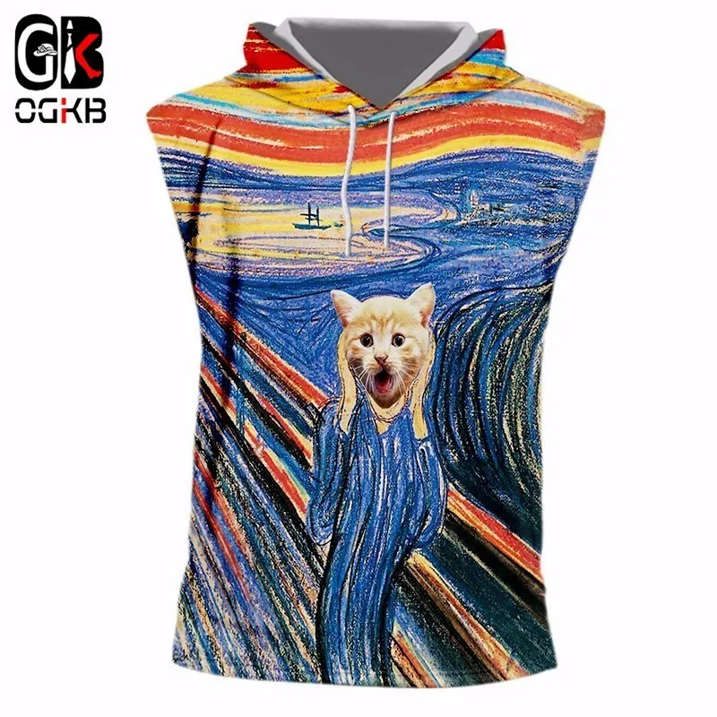 

OGKB Gyms Clothing Men Tank Top With Hooded Print Animal Cat 3d Hooded Tank Tops Workout Singlet Sleeveless Shirt Dropshipping