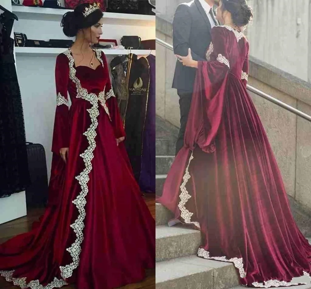 Burgundy Muslim Abaya Velvet Evening Dresses With Long Sleeves Caftan Dubai Formal Prom Dresses 2019 vestidos de fiesta de noche