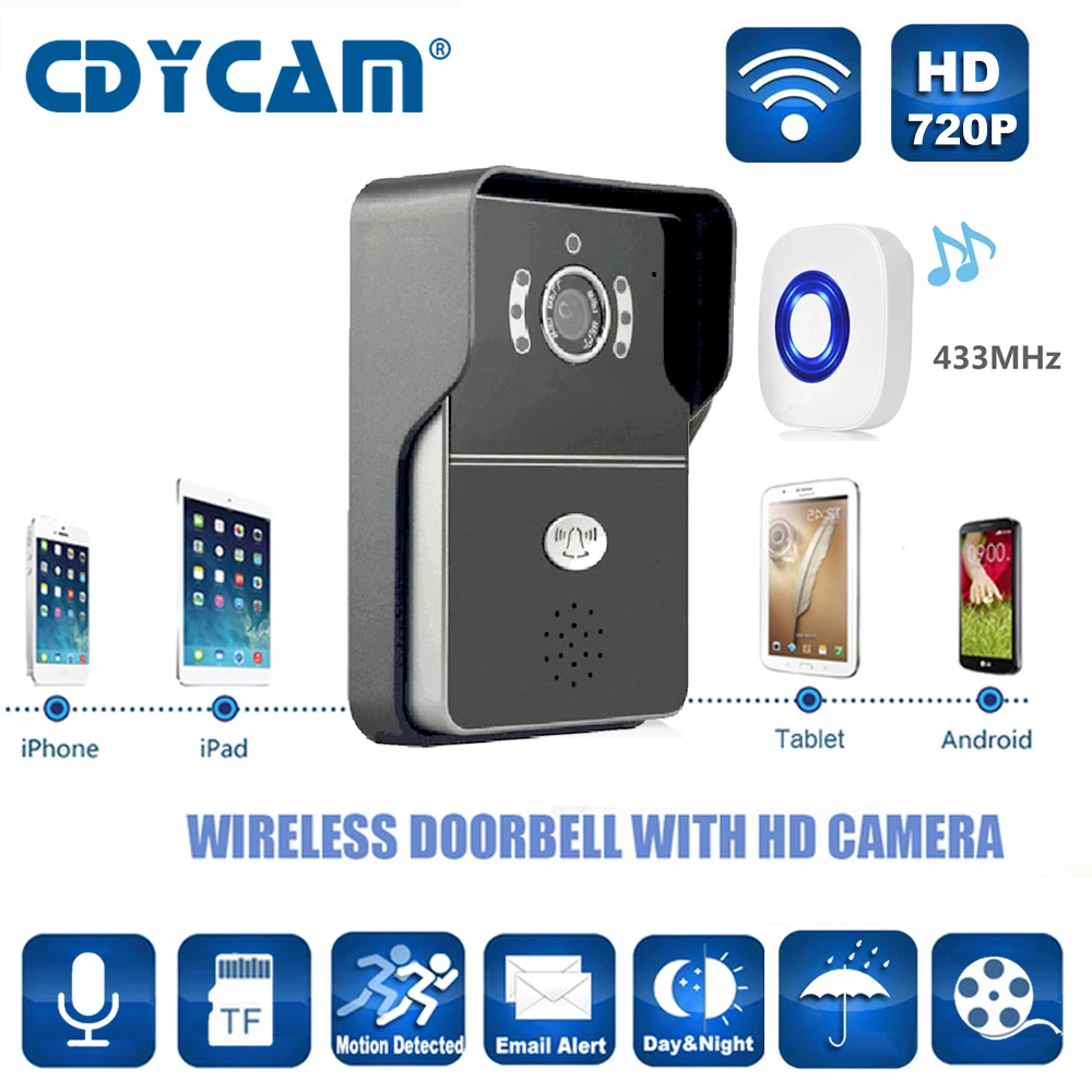 imágenes para CDYCAM Hi3518E de timbre de la Cámara wifi 433 MHz apoyo 5 usuarios H2.64 HD de 1.0MP 720 P IR-CUT Visión Nocturna timbre inalámbrico a prueba de agua imágenes para CDYCAM Hi3518E de timbre de la Cámara wifi 433 MHz apoyo 5 usuarios H2.64 HD de 1.0MP 720 P IR-CUT Visión Nocturna timbre inalámbrico a prueba de agua