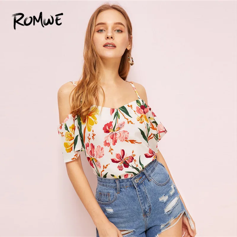 ROMWE женщина Boho ярусные оборки с открытыми плечами и Цветочный принт Лоскутная Летняя Пляжная блуза Стиль тонкий завязанного Detail Blouse ROMWE женщина Boho ярусные оборки с открытыми плечами и Цветочный принт Лоскутная Летняя Пляжная блуза Стиль тонкий завязанного Detail Blouse