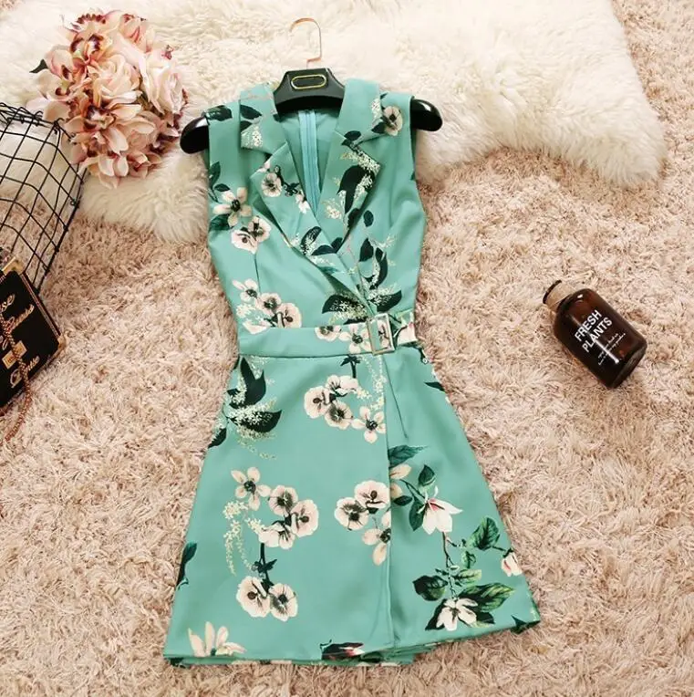 

Women's V neck sleeveless Print Playsuits Lady's Vintage Spring Summer Wide leg shorts summer chiffon Jumpsuits TB1259