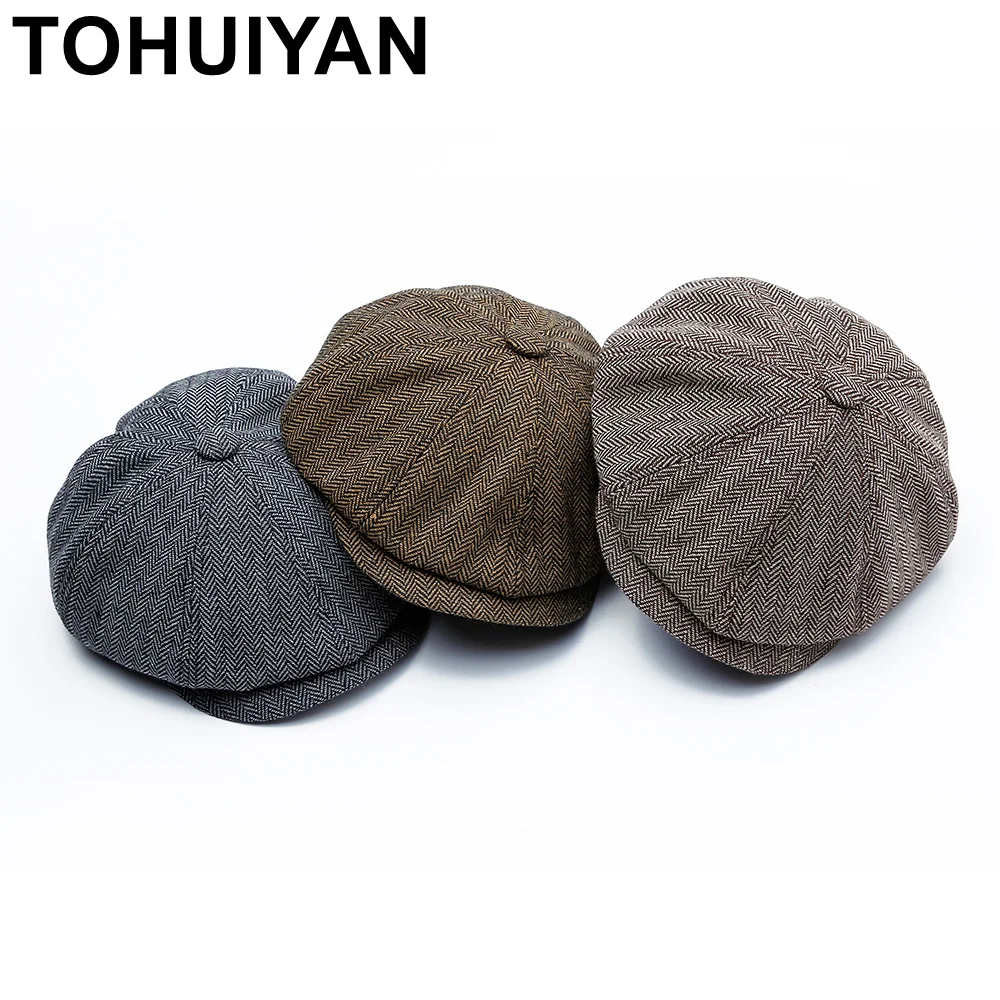 

TOHUIYAN Men's 8 Piece Wool Blend Newsboy Flat Cap Duckbill Visor Octagonal Hat Snap Brim Collection Hats Gentleman Beret Caps