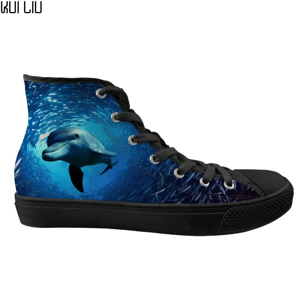 

Customized Blue Sea Animal 3D Dolphin Pattern Flats Ladies Shoes Woman High Top Fashion Casual Vulcanized Shoes for Teenagers