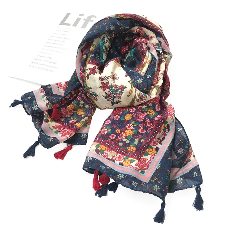 

Scarf women cotton and linen floral tassel shawl for spring and autumn Sunscreening summer scarves stoles Large beach towels