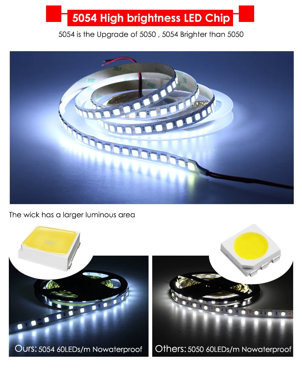 Светодиодный светильник 12 В постоянного тока 5054, гибкая Водонепроницаемая Диодная лента 60 светодиодный s/m 120 светодиодный s/m ярче, чем 5050 3528 RGB 12 В светодиодный ленточный 5 м/лот