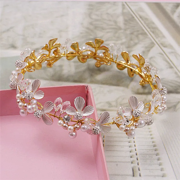 

bride crystal column large round pearl gold tiara and crowns golden leaves hair ornaments ceramic flower hair jewelry