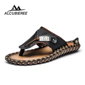 ALCUBIEREE/брендовая мужская повседневная обувь; сандалии из натуральной кожи; мужские вьетнамки; дышащие тапочки; сезон лето; Sapato Masculino; большие размеры - изображение