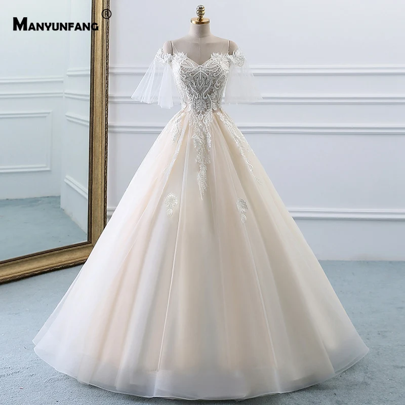 

Real Picture Vestido De Noiva Com Manga Sexy Puff Sleeve Hochzeitskleid Braut Embroidery Lace Appliques Weding Dress