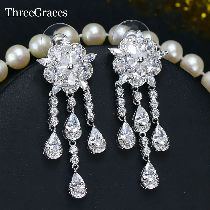 

ThreeGraces 3 Color Options Lovely Ladies Ear Jewelry White,Royal Blue,Green CZ Stone Long Flower Tassel Dangling Earrings ER247