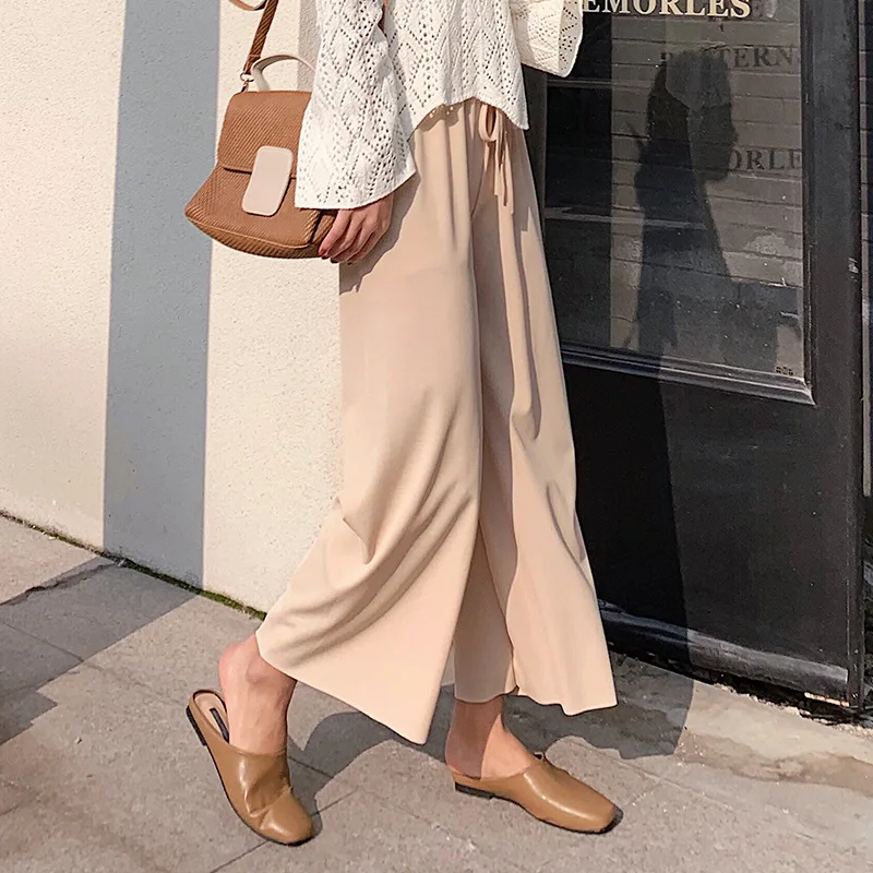 

ZADORIN 2019 Summer Korean Style Women Pants Fashion Ice Silk Stretch High Waist Wide Leg Pants Women Black Loose beach trousers