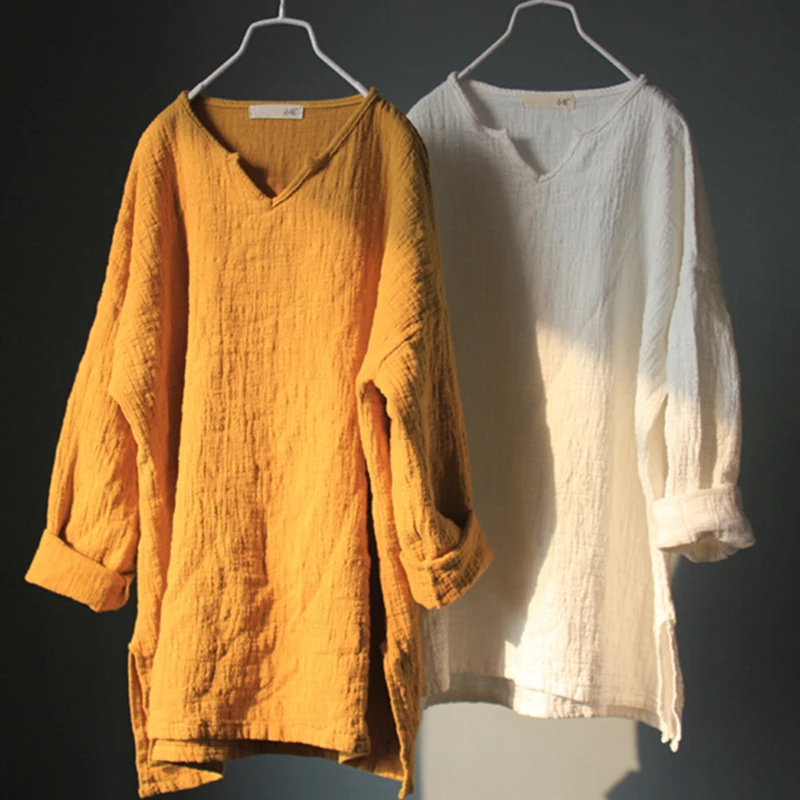 

Spring Double layer Solid color Cotton Linen Women Long Sleeve pullover Female V-neck flax cutton Blouse Female Top shirts