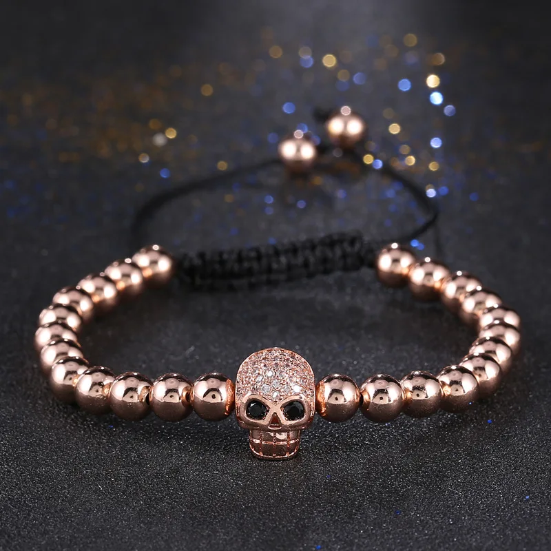 

2017 New Trend Rose Gold Color Rhinestone Skull Head Beads Braiding European American Weaving Bracelets For Men Women Jewelry