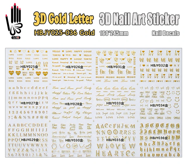 3d nail sticker hbjy025 036 gold letter design 3d nail art decal for gold letter sticker