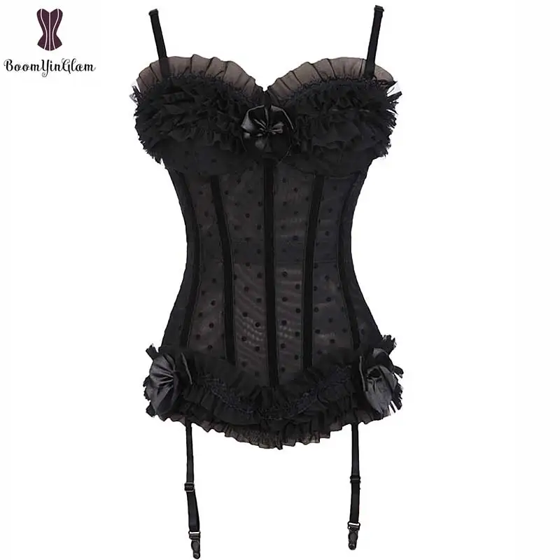 

Sexy Corset Lingerie Adjustable Shoulder Strap Korsett For Women Black Dot Fish Boned Waist Slimming Korset Overbust Lace Gorset