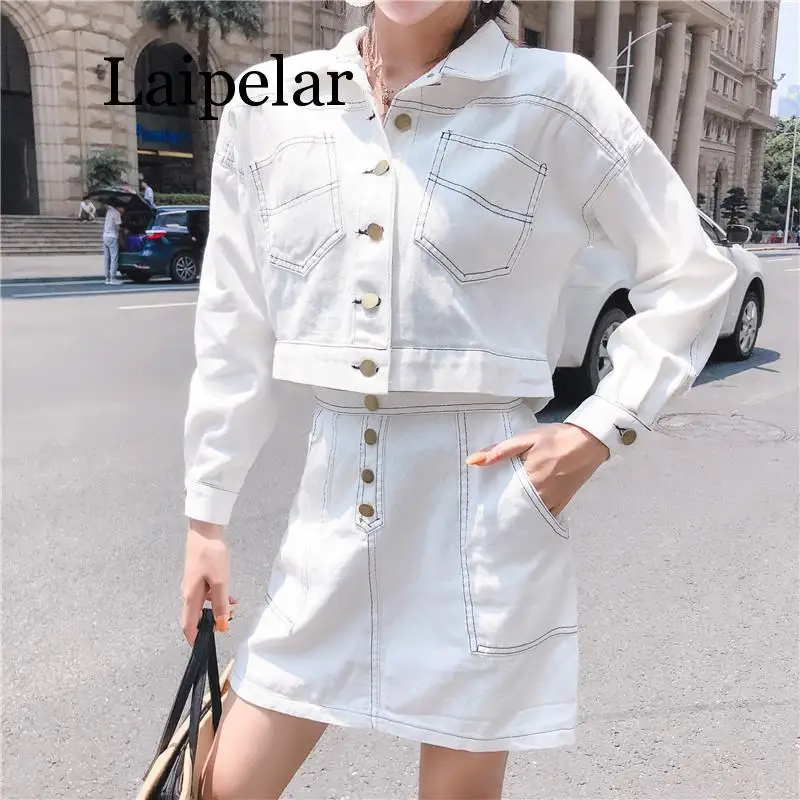 white denim skirt and jacket set