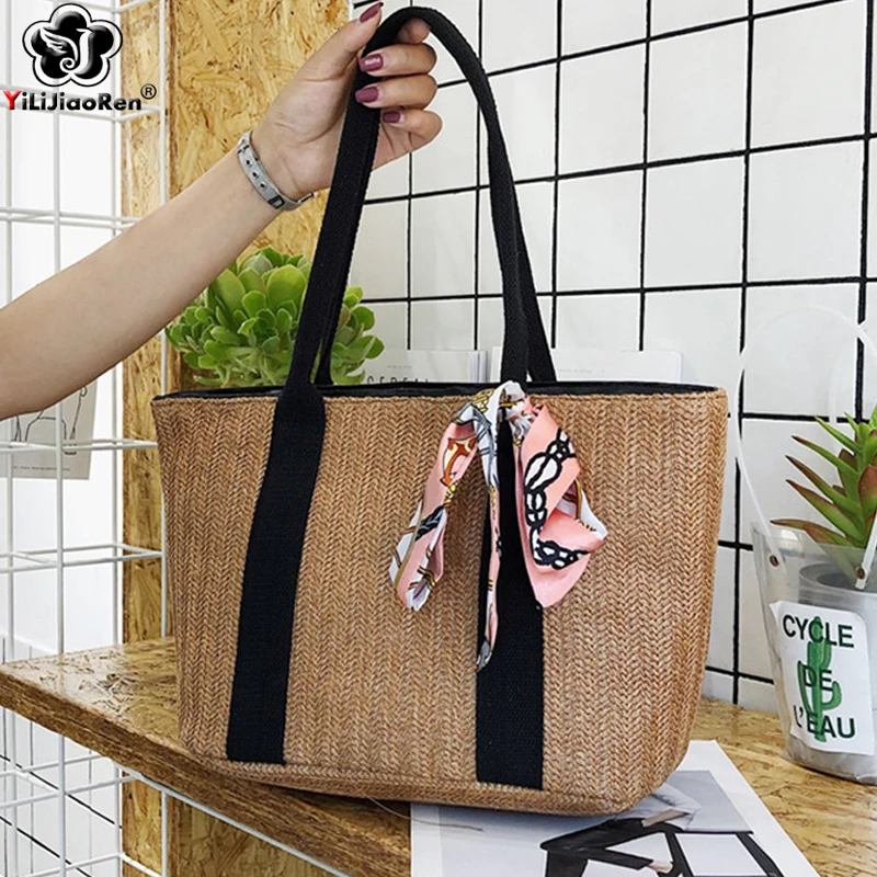 Fashion Scarves Large Beach Bags Women Handmade Woven Straw Handbag Shoulder Bag Female Bohemian Summer Bag Big Tote Borsa Mare