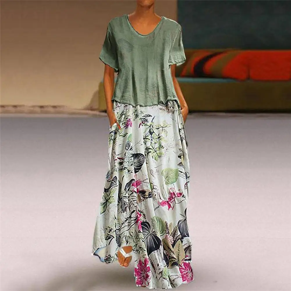 

Print Women Plus Size Vintage Patchwork O-Neck Maxi Two Pieces Pockets Dress