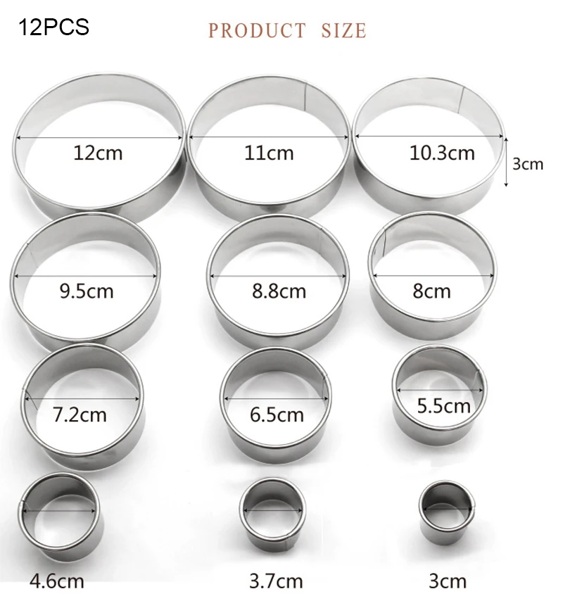 Формы для торта, мусса, Круглый Круг, форма пончика, металл, мульти размер, форма для помадки, печенья, кухонные принадлежности для выпечки, украшения, 12 шт