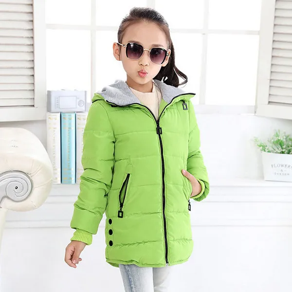 Пальто для девочек Детская верхняя одежда Модные Повседневные детские куртки для девочек, теплые зимние куртки с капюшоном яркие однотонные куртки - Цвет: Зеленый