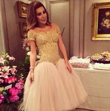 Dubai Gold Ballkleid Kurzarm Perlen Spitze Cocktailkleider 2017 tee Länge Brasilien Partei Abschlussball-kleider robe de cocktail RKE14