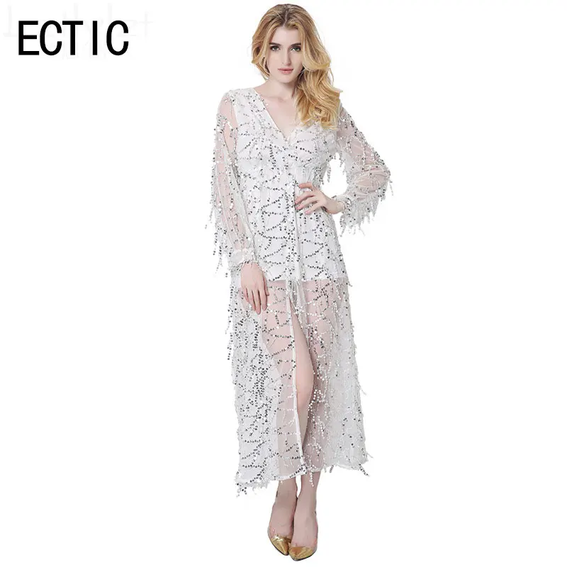 ECTIC 2017 Summer Sexy Women Dress Full Sleeve Deep V-neck Tassel Sequined Solid Color Dresses | Женская одежда