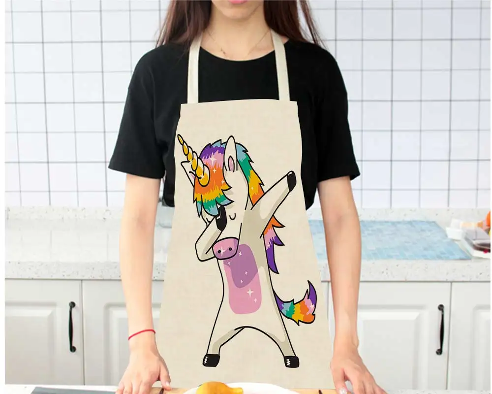 

Cute Eco-friendly Printed Cartoon Unicorn Design Seam Sewing Multi Color Cleaning Sleeveless Back Tie Linen Apron For Home