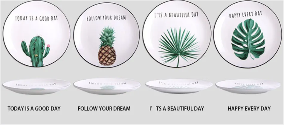 Cactus Pineapple Green Tropical Plant Ceramic Dishes Dinnerware Plate Bowl 8 inch Porcelain Dish Tableware Home Decorative Gift (2)
