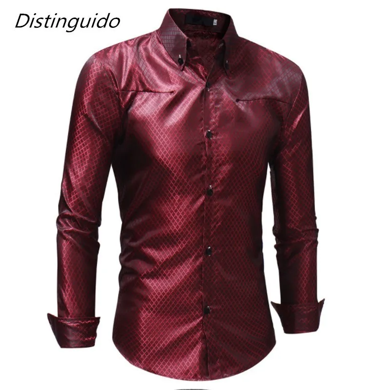 Casual Slim Fit Shiny Gold Dress ShirtsSilk Shirt Men 2018 Satin Smooth
