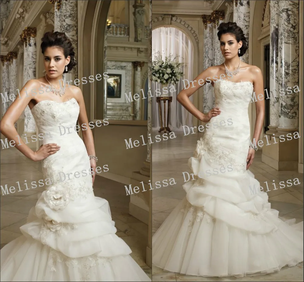 High Quality Wedding Dresses 2013 Sweetheart Zipper Back Appliques Pleat Flowers Mermaid Organza Bride Dress Casamento | Свадьбы и