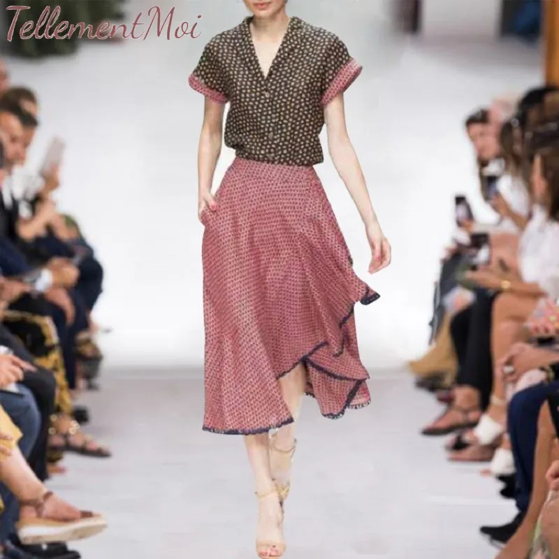 

Elegant Two Piece Set Women Floral Print Short Sleeve Blouse Shirt A Line Ruffles Skirt Set OL Two Piece Outfits Runway 2019