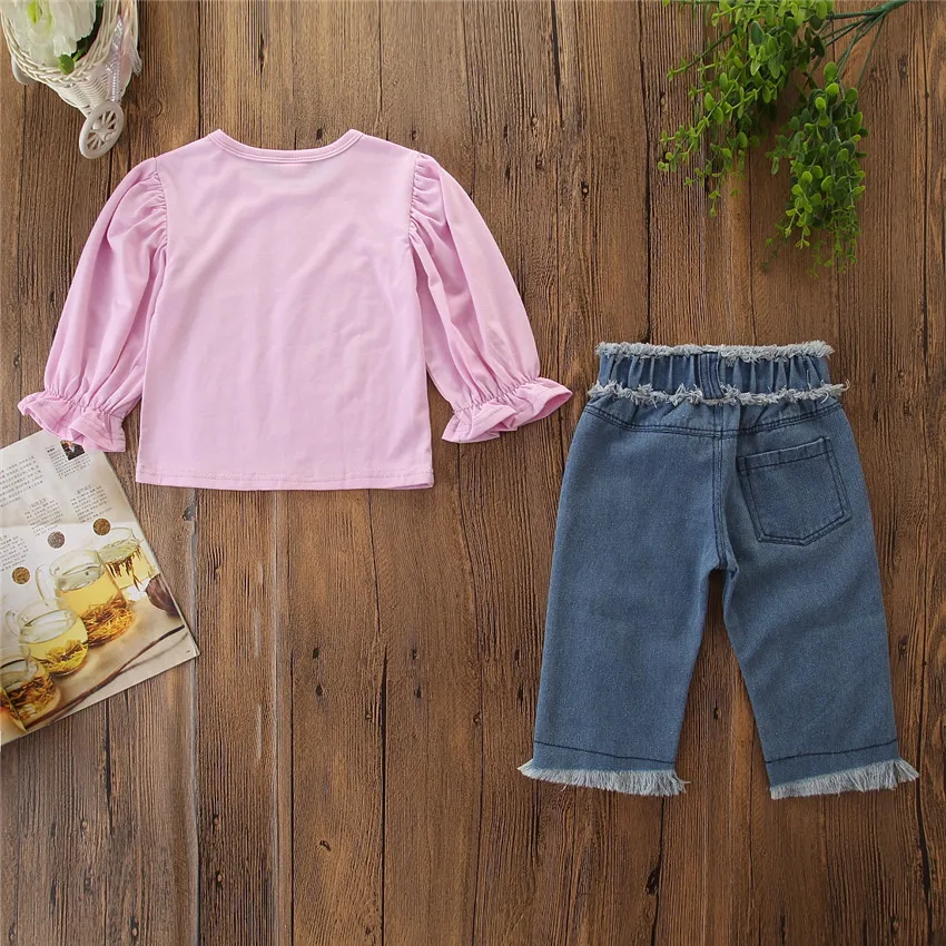 Комплект детской одежды для маленьких девочек футболка с длинными рукавами+ джинсы с дырками комплект осенней одежды для девочек, M50