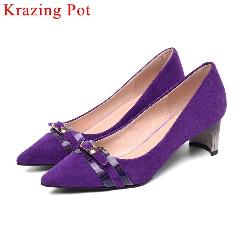 

2019 British gentlewoman black purple dress pumps med strange heels slip on oxford pointed toe genuine leather clubwear shoe L06