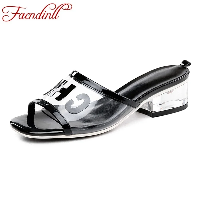 

FACNDINLL 2019 new brand summer shoes woman sandals transparent pvc square heels sexy open toe women dress party beach slippers
