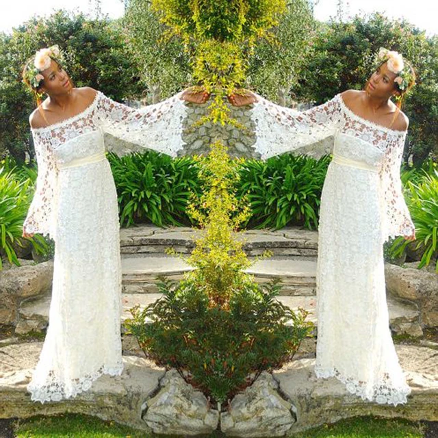 Beige Boho Bridesmaid Dress Long Flared Full Sleeves Lace Floor Length