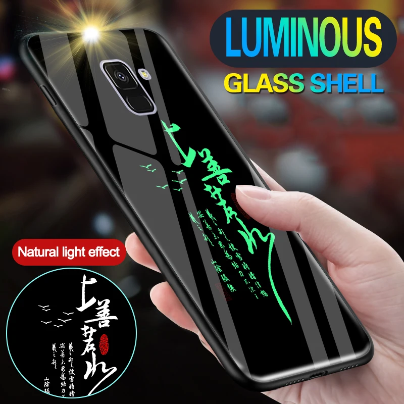 

Tempered Glass Chinese Text Luminous Cases For Samsung Galaxy A8 2018 Luxury Shine Case Cover For Samsung A8 Plus A8+
