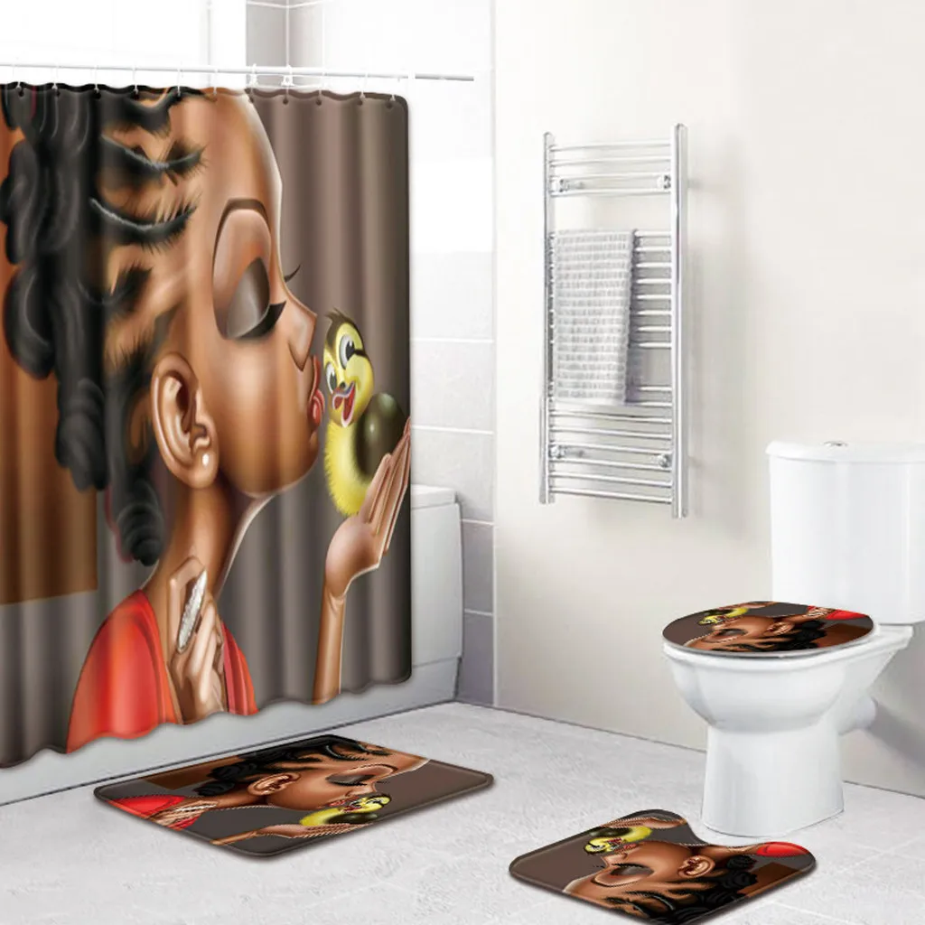 

2019 Hot Sale High Quality 12 Types 4Pcs Set Bathroom Non-Slip Pedestal Rug + Lid Toilet Cover + Bath Mat+Shower curtain