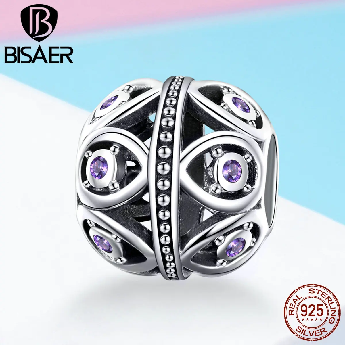 

BISAER 925 Sterling Silver Geometric Infinity Love Crystal Beads for Women Jewelry Making Openwork Charms for Bracelet GXC1048