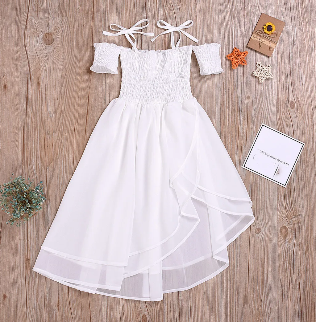 

Children Girls Dress White Straps Tunic Tulle Sundress Party Wedding Elegant Princess Dress Belle Kids Clothes 1 2 3 4 5 6 Years