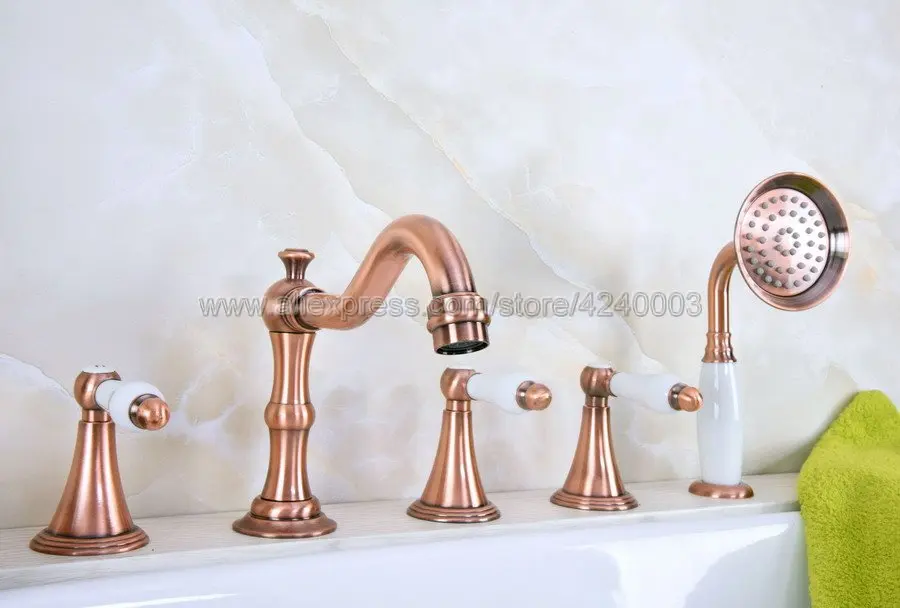 Antique Red Copper 5pcs Deck Mount Roman Tub Faucet With Hand