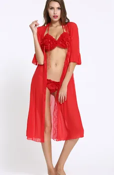 

Sexy Bra Brief Sets costumes underwear Rose Halter long paragraph robe + bra + brief sets sexy Bride intimates robe + Bikini set
