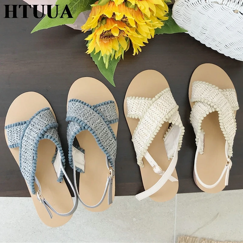 

HTUUA 2019 New Straw Weave Flat Heel Sandals Women Slingback Gladiator Sandals Bohemian Beach Rope Shoes Woman Sandalias SX2787