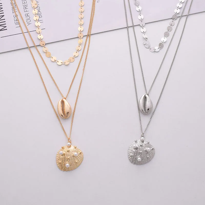 

Gold Metal Handmade Round Disc Sealife Seashell Sea Snail Conch Pendant Necklace Korean Summer Fashion Women Pearl Jewelry