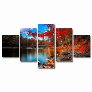 

5 Pieces HD Modular Canvas Print Posters Home Decor Wall Art Pictures Red maple leaves Scenery Landscape Paintings Support Frame