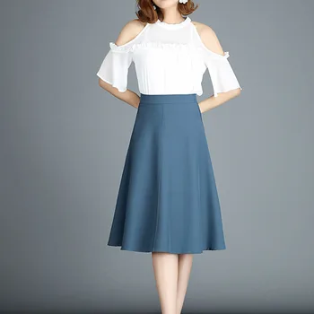 

2019 Women Elegant Midi Skirt Office Ladies High Waist A-Line Skirt Korean Fashion Khaki Apricot Blue Black Skirts