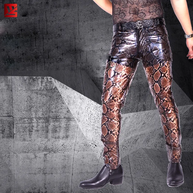 Купить MEISE PU Sexy Men Pencil Pants Snake Stripe Tight Trousers Patchwork Faux Leather Thin Homme Stage Wear Plus Size  Мужская одежда | Повседневные брюки (33030229666)
