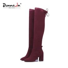 Donna-in over-knee boots elastic microfiber woman boots square toe thick high heel ladies boots