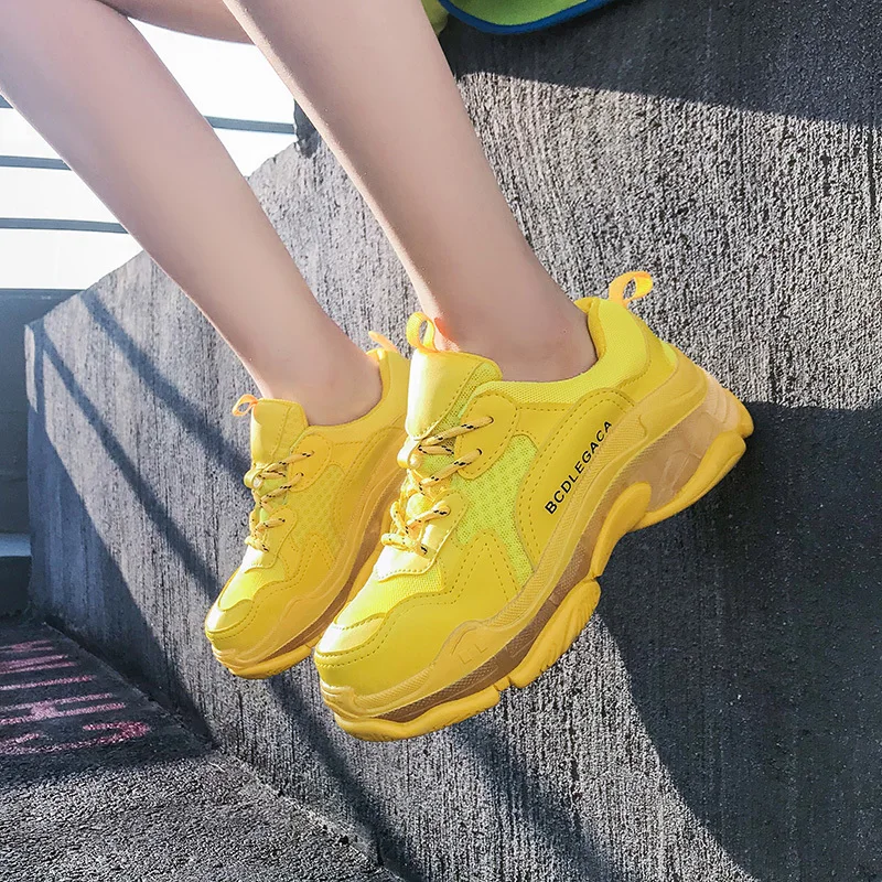 Женская желтая обувь на прозрачной подошве; женские белые кроссовки с прозрачной подошвой; модные кроссовки неонового и зеленого цвета; y954