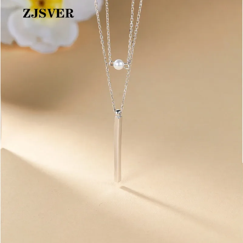 

ZJSVER Fine Jewelry 925 Sterling Silver Necklace Fashion Design Double Layer Strip&Pearl Silver Chain Women Necklace For Present
