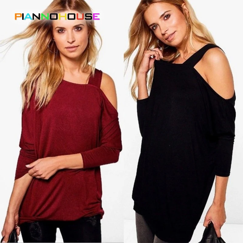 2018 Summer Womens Clothing T-Shirts Women New Knitwear Solid Shirts Off Shoulder Loose Sexy Long Sleeve Tops Female T-Shirt | Женская