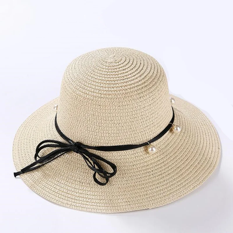 1Pcs Summer New Women's Sun Hat Black Bowknot Ribbon pearl Straw Hat